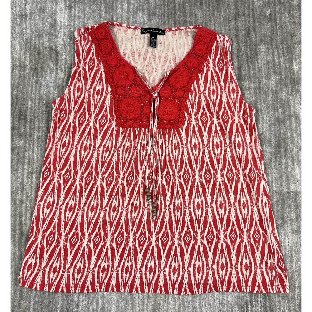 French Laundry Tank Top Womens 1X Red Ikat Crochet Lace V-Neck Tie Front Boho